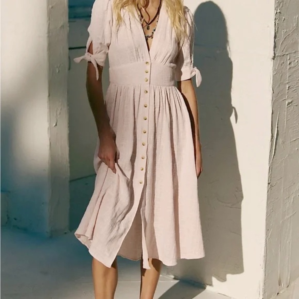 Free People Tan “Sand” Pleated Midi Sundress